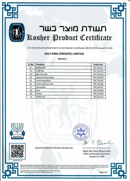 Kosher product certificate for Salt King Private Limited