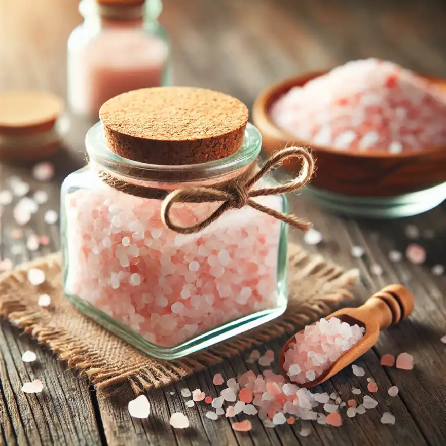 Coarse Himalayan pink salt crystals in a glass jar