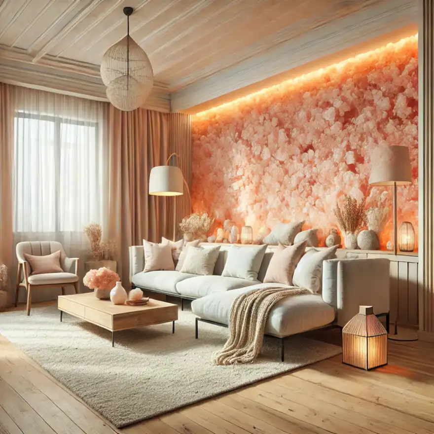 Backlit Himalayan salt wall panel installation in a modern living room
