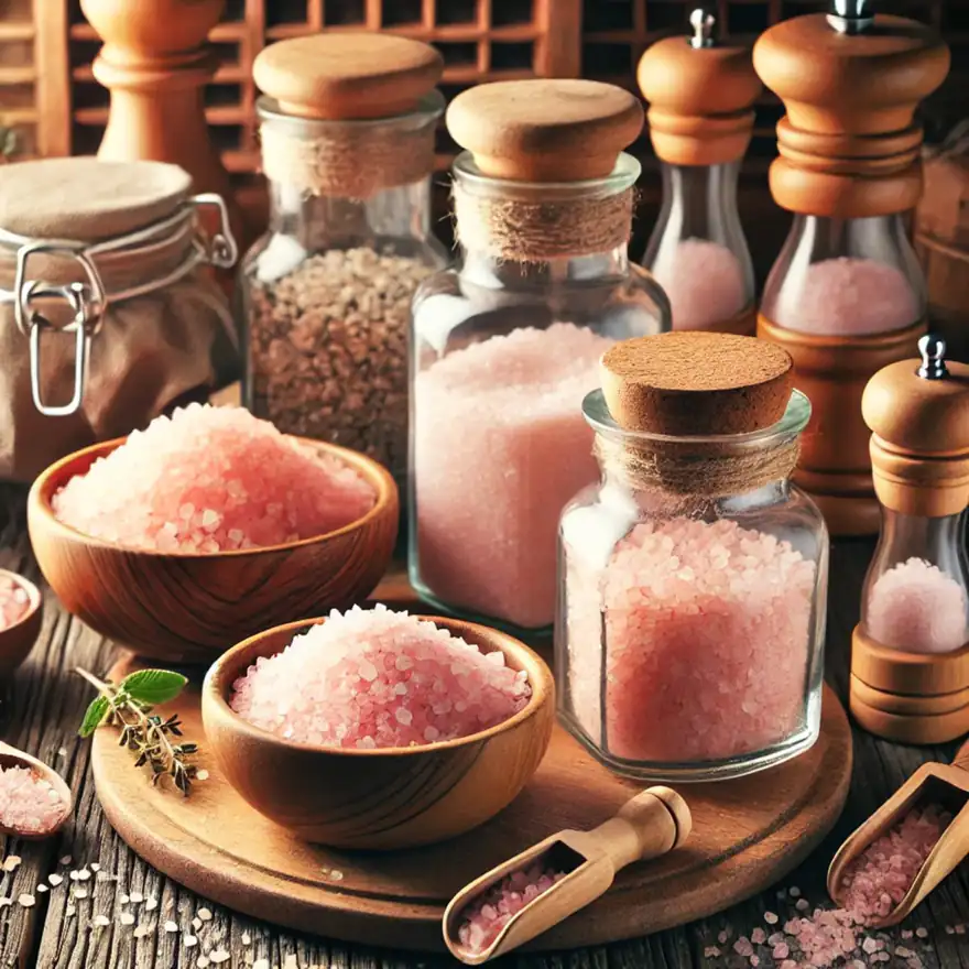 Retail Himalayan pink salt grinders and jars on a wooden counter