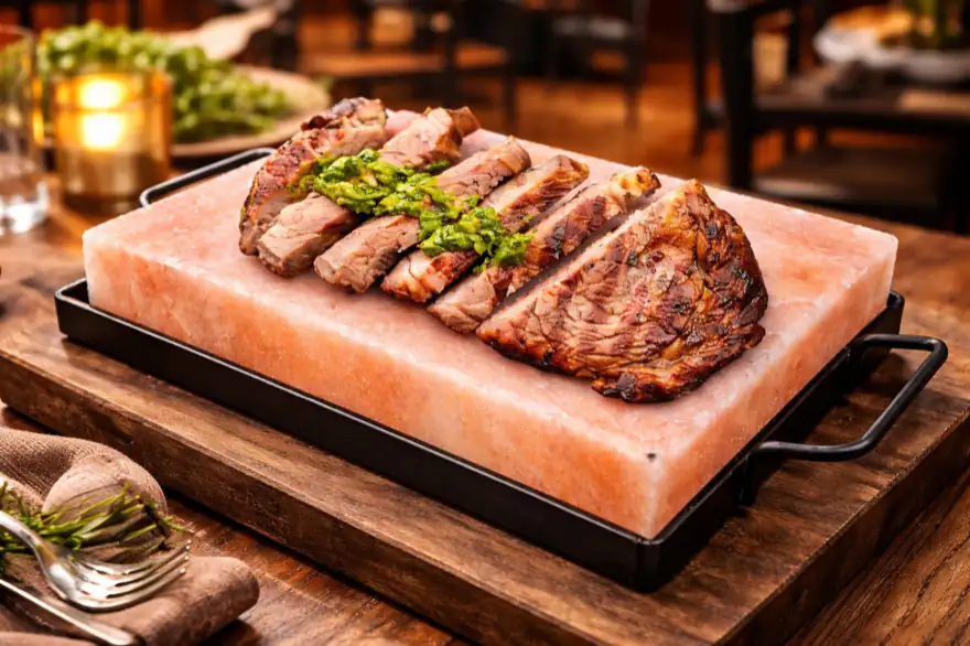 Steak seared on a Himalayan salt cooking slab