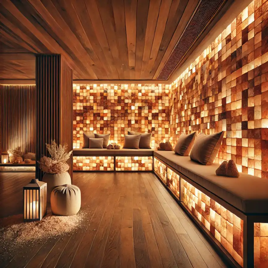 Himalayan salt brick spa room with warm ambient lighting