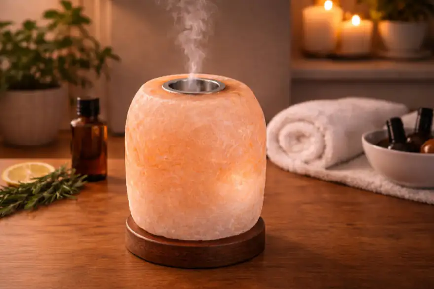 Himalayan salt diffuser lamp in a wellness setting